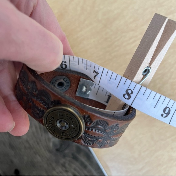 Handcrafted Tooled Leather Cuff Bracelet With Shotgun Shell Centerpiece - Picture 14 of 14